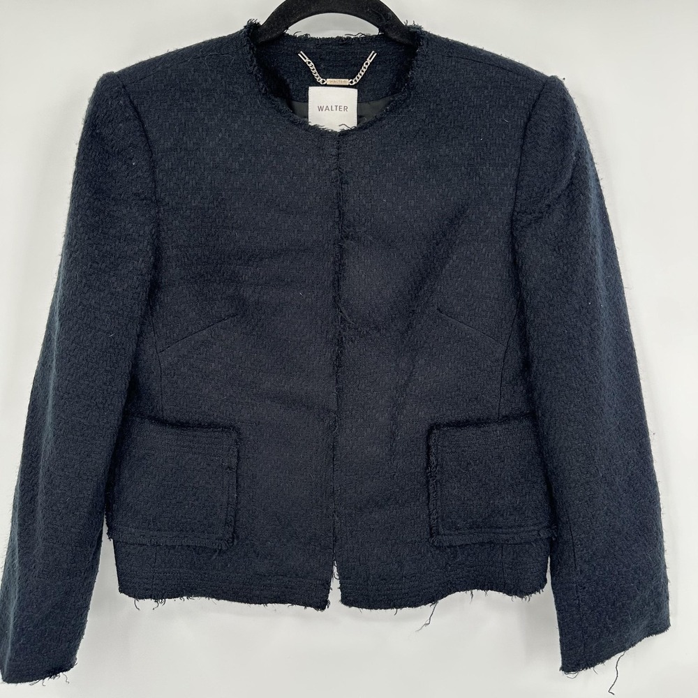 Walter Jacket Womens 8 Black‎ Collarless Open Front Tweed Boucle Fringe Pockets